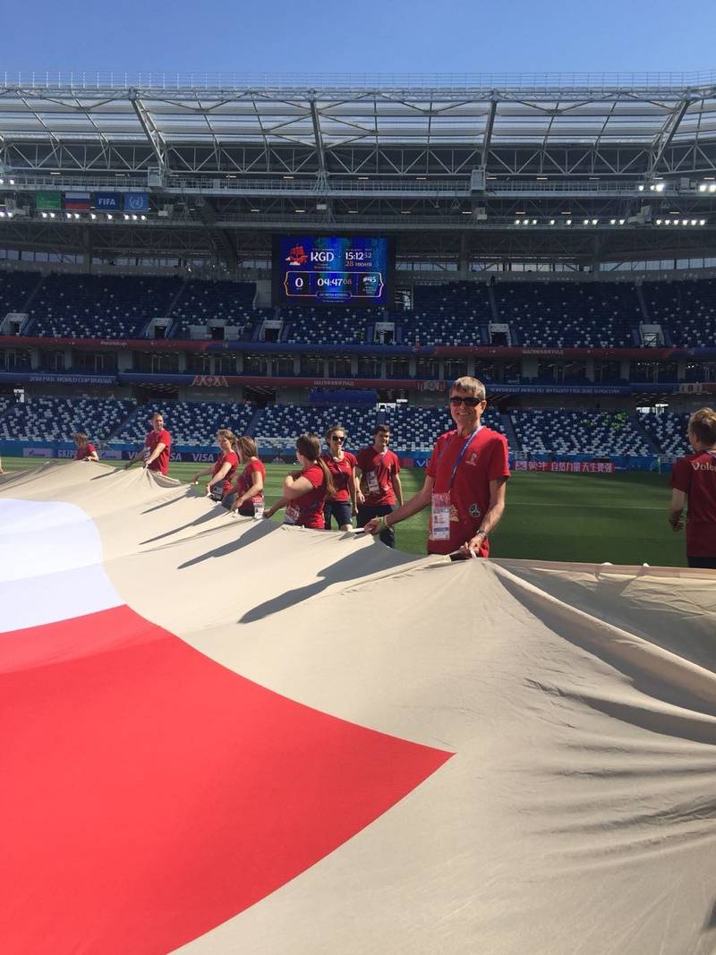 Martyn Lewis as a flag bearer at the 2018 World Cup in Russia. Photo: Martyn Lewis