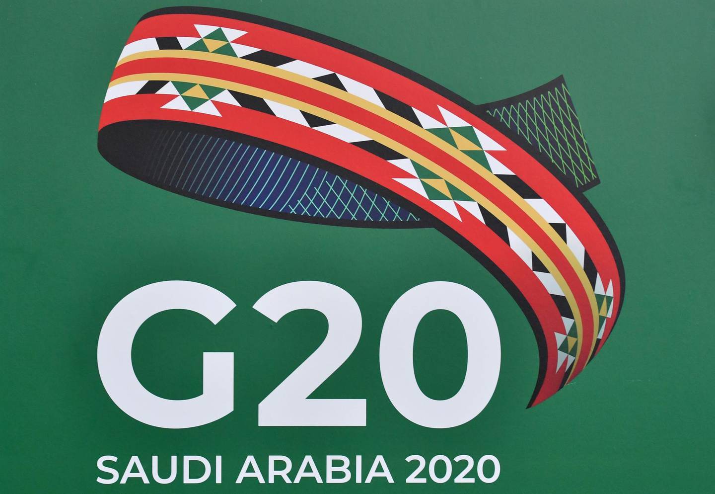 The G20 logo is pictured in Riyadh on December 10, 2019. Saudi Arabia gears up to host the 2020 G20 summit, an event that is set to see the leaders of the world's 20 richest nations converging on the kingdom.
 / AFP / GIUSEPPE CACACE
