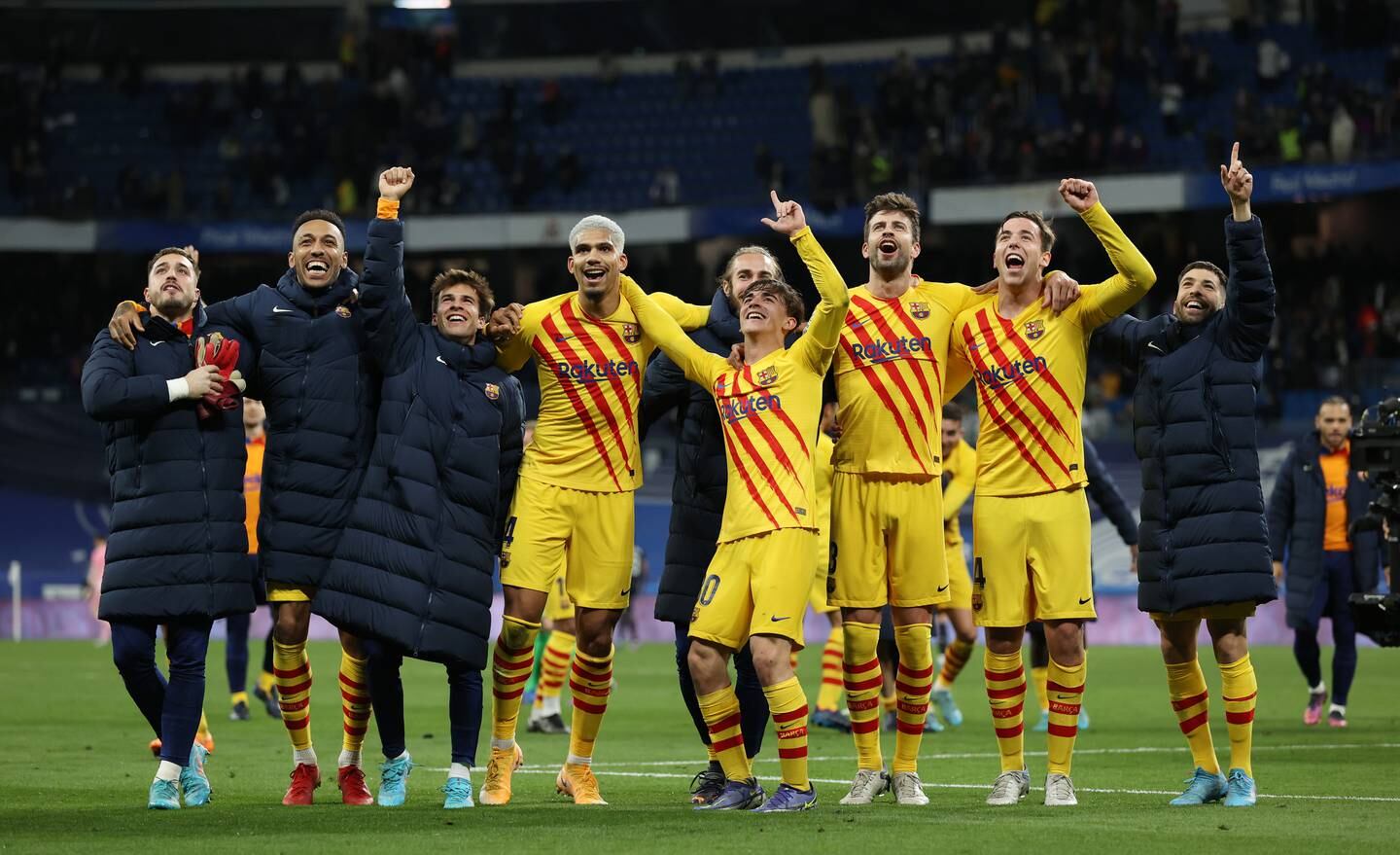 Barcelona players celebrate in front of the crowd after thrashing Real Madrid. Getty Images