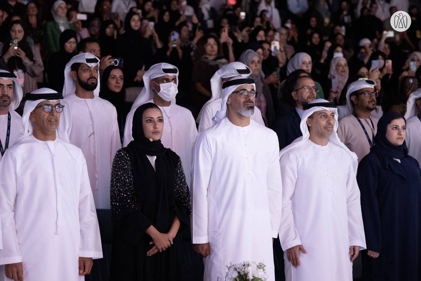 Sheikh Khaled bin Mohamed, chairman of the Abu Dhabi Executive Office and member of the Abu Dhabi Executive Council, with Dr Mugheer Al Khaili, chairman of the Department of Community Development; Sara Musallam, Minister of State for Early Education and chairperson of the Federal Authority for Early Education; and Dr Ahmad Al Falasi, Minister of Education; and Sarah Al Amiri, Minister of State. Photo: ADMO