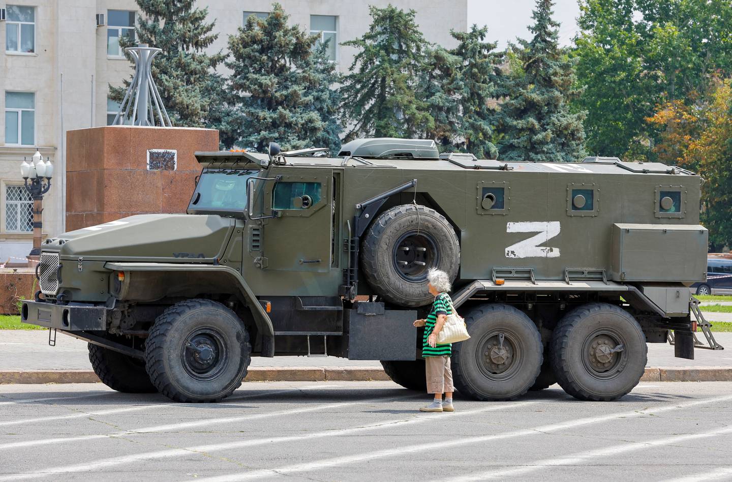 An armoured vehicle used by Russian troops parked in the Russian-controlled city of Kherson, Ukraine. Reuters