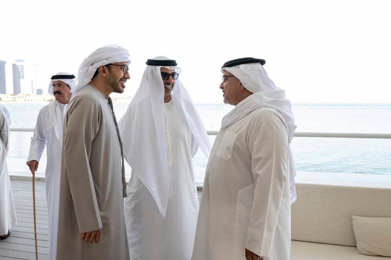 Sheikh Abdullah bin Zayed, Minister of Foreign Affairs and International Co-operation, and Sheikh Hamed bin Zayed, Managing Director of Abu Dhabi Investment Authority and Abu Dhabi Executive Council member, speak to Prince Salman. Mohamed Al Hammadi / UAE Presidential Court