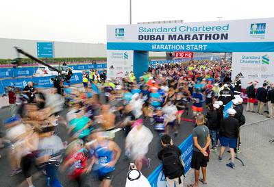 Dubai, United Arab Emirates - January 25, 2019: The start of the Standard Chartered Dubai Marathon 2019. Friday, January 25th, 2019 at Jumeirah, Dubai. Chris Whiteoak/The National