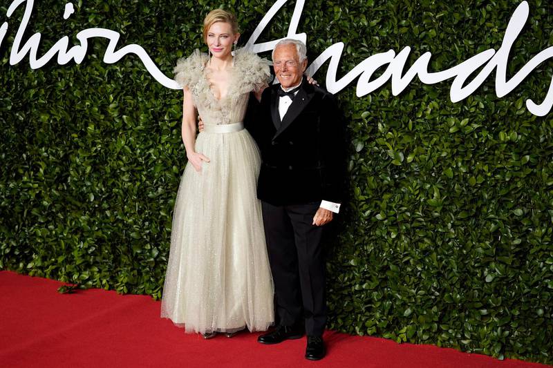Cate Blanchett and Giorgio Armani arrive at the 2019 British Fashion Awards in London on December 2, 2019. EPAarrives at the 2019 British Fashion Awards in London on December 2, 2019. EPA