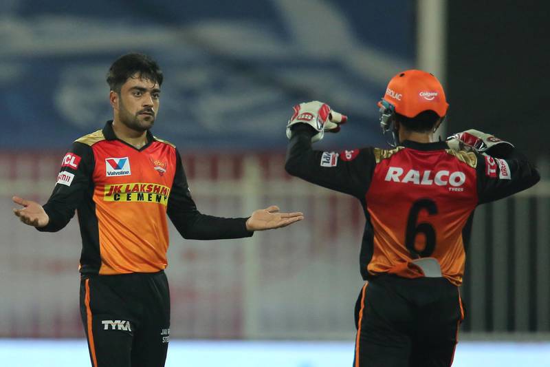 Rashid Khan of Sunrisers Hyderabad celebrates the wicket of Joshua Philippe of Royal Challengers Bangalore during match 52 of season 13 of the Dream 11 Indian Premier League (IPL) between the Royal Challengers Bangalore and the Sunrisers Hyderabad held at the Sharjah Cricket Stadium, Sharjah in the United Arab Emirates on the 31st October 2020.  Photo by: Deepak Malik  / Sportzpics for BCCI