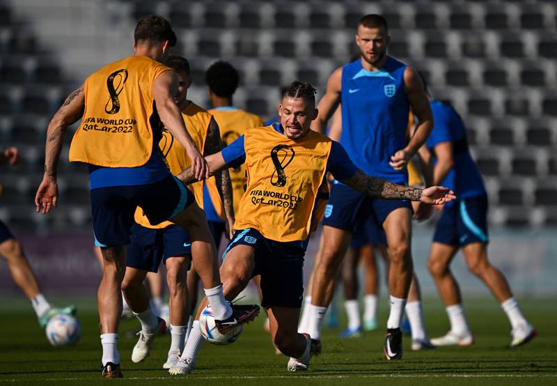 England midfielder Kalvin Phillips attempts a tackle at training. AFP