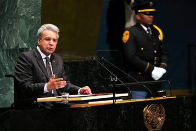 Lenin Moreno, Ecuador's president, speaks during the UN General Assembly meeting in New York, US. Moreno called for a "frank and inclusive national dialog" to resolve the Venezuela crisis and urged other Latin American nations to help Venezuelan migrants. Bloomberg