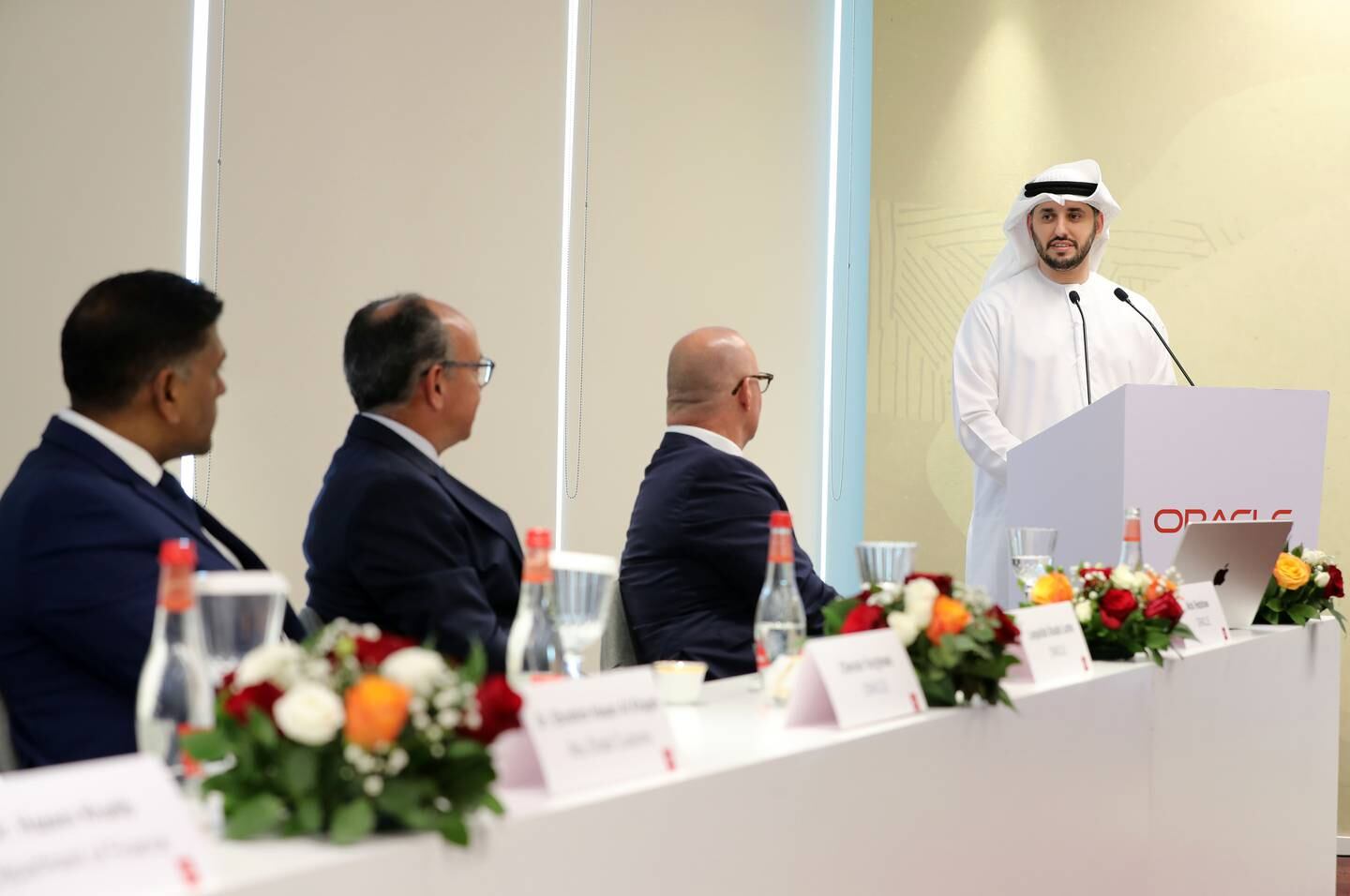 Mohamed Al Askar, director general of the Abu Dhabi Digital Authority, delivering a keynote at the inauguration of Oracle's new innovation hub in Abu Dhabi on Wednesday. Chris Whiteoak / The National