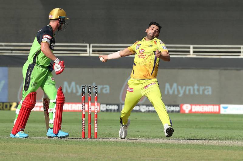 Deepak Chahar of Chennai Superkings during match 44 of season 13 of the Dream 11 Indian Premier League (IPL) between the Royal Challengers Bangalore and the Chennai Super Kings held at the Dubai International Cricket Stadium, Dubai in the United Arab Emirates on the 25th October 2020.  Photo by: Ron Gaunt  / Sportzpics for BCCI