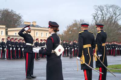 CAMBERLEY, SURREY, UNITED KINGDOM - December 11, 2020: HH Sheikh Humaid bin Ammar bin Humaid Al Nuaimi (L), receives the International Award during the Sovereign’s Parade for Commissioning Course 201 at The Royal Military Academy Sandhurst. 

( Rashed Al Mansoori / Ministry of Presidential Affairs )
---