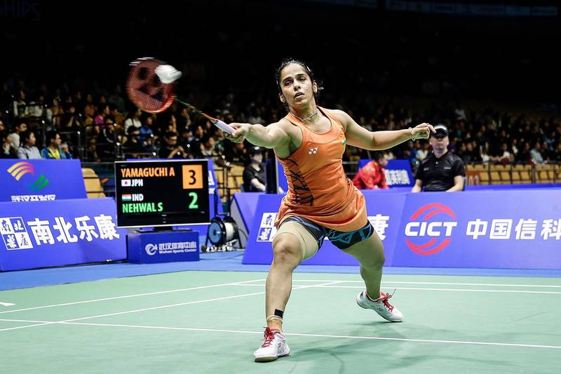 WUHAN, CHINA - APRIL 26:  Saina Nehwal of India hits a return during the women's singles match against Akane yamaguchi of Japan at the 2019 Badminton Asia Championships on Apirl 26, 2019 in Wuhan, central China's Hubei province.  (Photo by Wang HE/Getty Images)