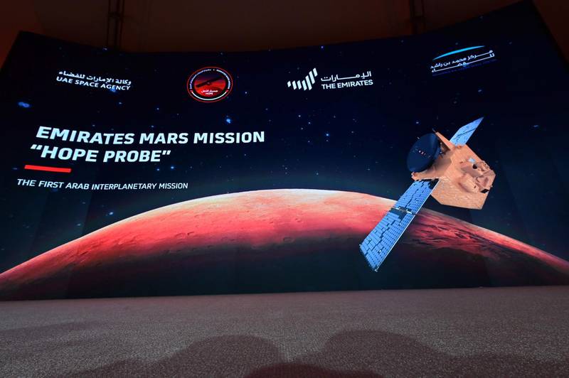 People wait for the launch of the Hope Mars probe at the Mohammed Bin Rashid Space Centre in Dubai on July 19, 2020. Giuseppe Cacace / AFP