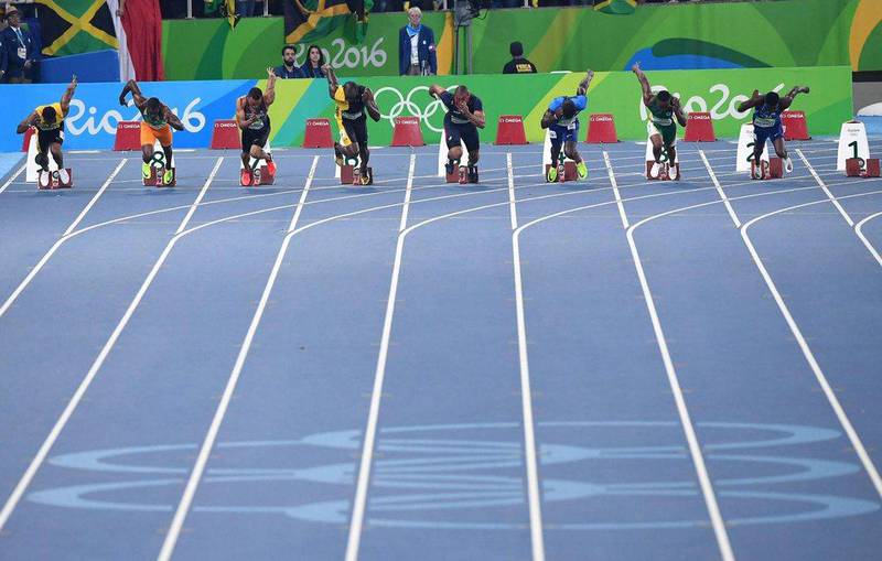 Usain Bolt (C) at the start of the men’s 100m final of the Rio 2016 Olympics at the Olympic Stadium in Rio de Janeiro, Brazil, 14 August 2016. Ettore Ferrari / EPA