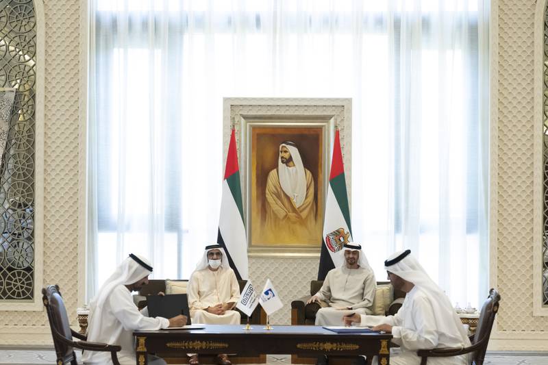 President Sheikh Mohamed and Sheikh Mohammed bin Rashid, Vice President and Ruler of Dubai, with Dr Sultan Al Jaber, front right, and Sheikh Ahmed bin Saeed.