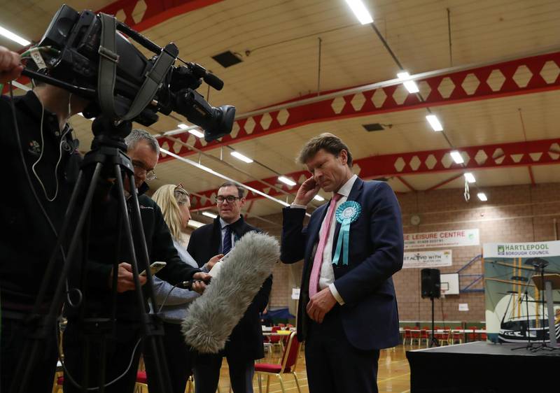 Brexit Party candidate Richard Tice is interviewed after Labour Party candidate Mike Hill is announced as the winner for the constituency of Hartlepool at a counting centre for Britain's general election in Hartlepool, Britain. Reuters