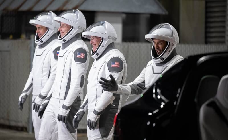 The launch rehearsal process involved donning their SpaceX pressure suits, riding Teslas to the launch pad and boarding an unfuelled rocket. Photo: Nasa 