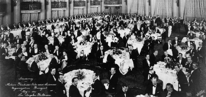 The first organisational meeting of the Academy of Motion Picture Arts and Sciences in the Crystal Ballroom of the Los Angeles Biltmore Hotel
on May 11, 1927. Getty Images