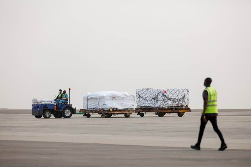 A batch of AstraZeneca-Oxford vaccines is transported at the airport in Accra. Covax aims to deliver 2.4 million doses to Ghana. Reuters