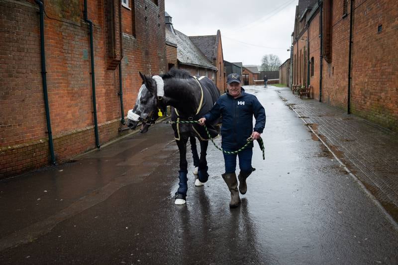 Kevin Hunt leads Happy Power through the Park House stables near Newbury. All photos: Mark Chilvers for The National