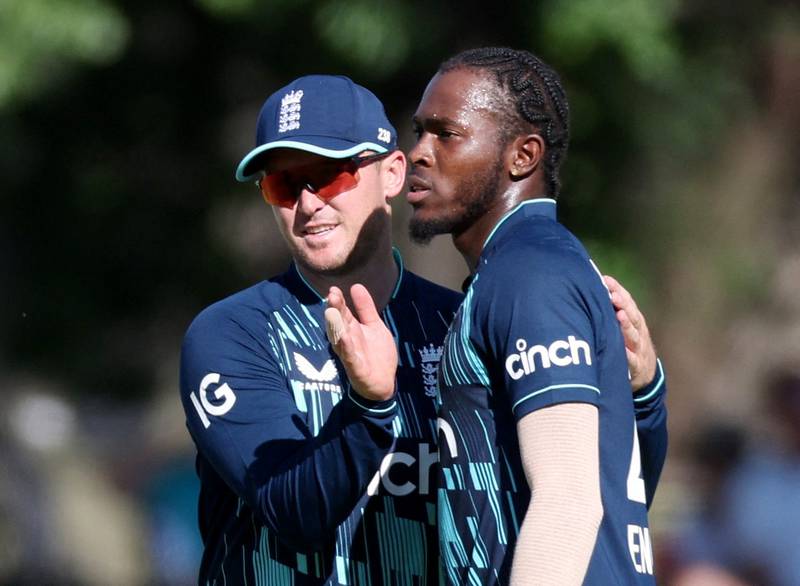 England's Jofra Archer celebrates with teammate Jason Roy after taking the wicket of Wayne Parnell in the first ODI in Bloemfontein on Friday, January 27, 2023. Reuters