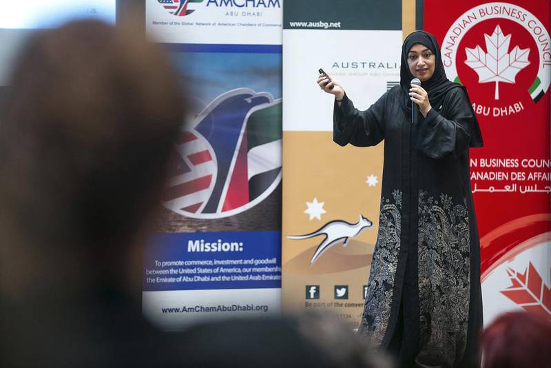 Manal Al Bayat, the vice president of engagement for Dubai Expo 2020, speaks on opportunities for small businesses and graduate jobseekers at an event in Abu Dhabi. Mona Al Marzooqi / The National 