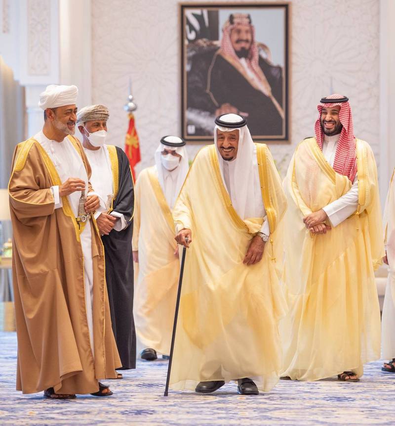 Sultan Haitham greets King Salman.