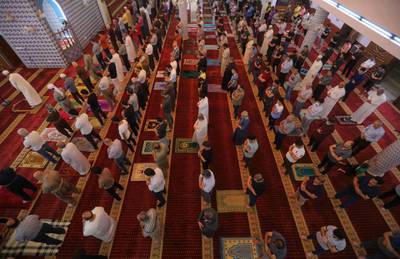 Worshippers prayer at a mosque in Erbil, the capital of the autonomous Kurdish region of northern Iraq.  AFP