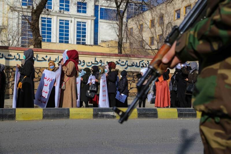Afghan women demonstrate during a rally in Kabul, Afghanistan.