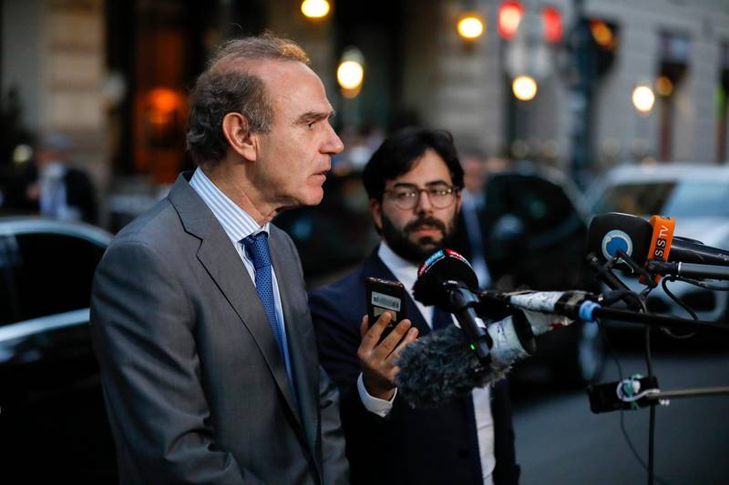 Deputy Secretary General and Political Director of the European External Action Service (EEAS), Enrique Mora,â€¨ addresses the media as he leaves the 'Grand Hotel Wien' where closed-door nuclear talks with Iran take place in Vienna, Austria, Wednesday, June 2, 2021. (AP Photo/Lisa Leutner)