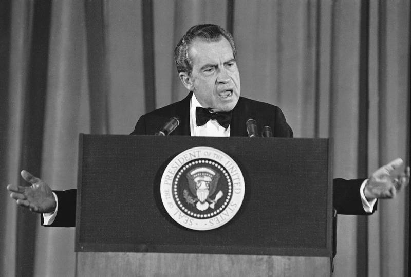 Nixon tells a group of Republican campaign contributors that he will get to the bottom of the Watergate scandal during a speech on May 9, 1973, in Washington. AP 