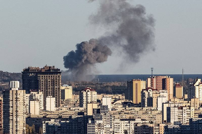 Smoke rises on the outskirts of the city during a Russian missile attack in Kyiv. Reuters
