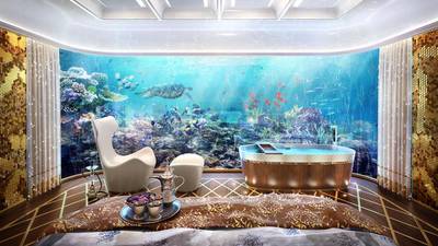Above, the interior of the Dh12 million Signature Edition of The Floating Seahorse villas. Courtesy Kleindienst Group