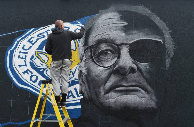 An mural of Claudio Ranieri is painted on a wall in Leicester in 2016. Getty