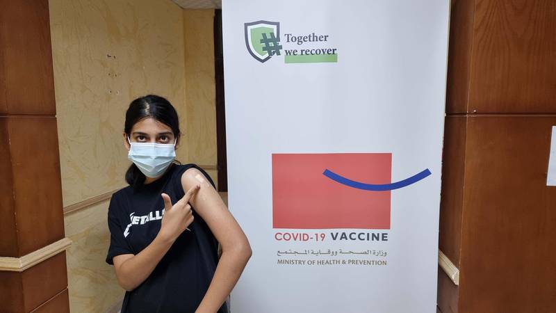 Riva Tulpule, a 15-year-old at Gems Modern Academy received her first dose of the Pfizer-BioNTech vaccine this week. Courtesy: Riva Tulpule