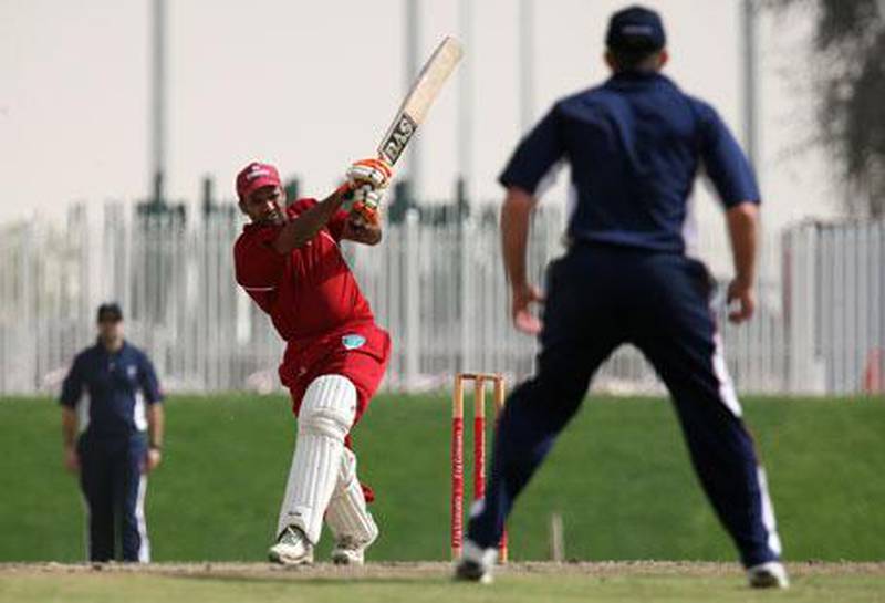 Arshad Ali of the Fly Emirates cricket team plays a shot in the match against Lord's Taverners at the new cricket ground at the Sevens in Dubai.
