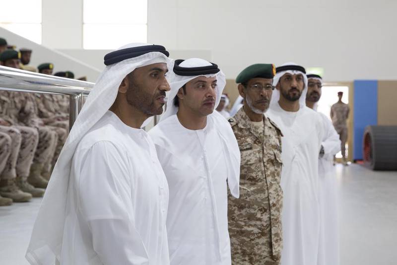 (From left) Sheikh Nahyan bin Zayed, Chairman of the Board of Trustees of the Zayed bin Sultan Al Nahyan Charitable and Humanitarian Foundation, Sheikh Hazza, Vice Chairman of the Abu Dhabi Executive Council, Lt Gen Hamad Thani Al Romaithi, Chief of Staff of the Armed Forces, and Mohamed Mubarak Al Mazrouei, Undersecretary of the Crown Prince Court of Abu Dhabi, at the inauguration of the Seih Hafair Camp. Ryan Carter / Crown Prince Court - Abu Dhabi