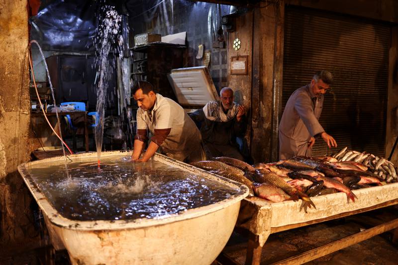 Iraqi vendors prepare their fish for sale at the market
