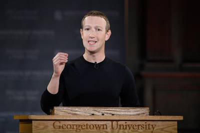FILE - In this Oct. 17, 2019, file photo, Facebook CEO Mark Zuckerberg speaks at Georgetown University in Washington. Zuckerberg isn't budging over his refusal to take action on inflammatory posts by President Donald Trump that spread misinformation about voting by mail and, many said, encouraged violence against protesters. (AP Photo/Nick Wass, File)