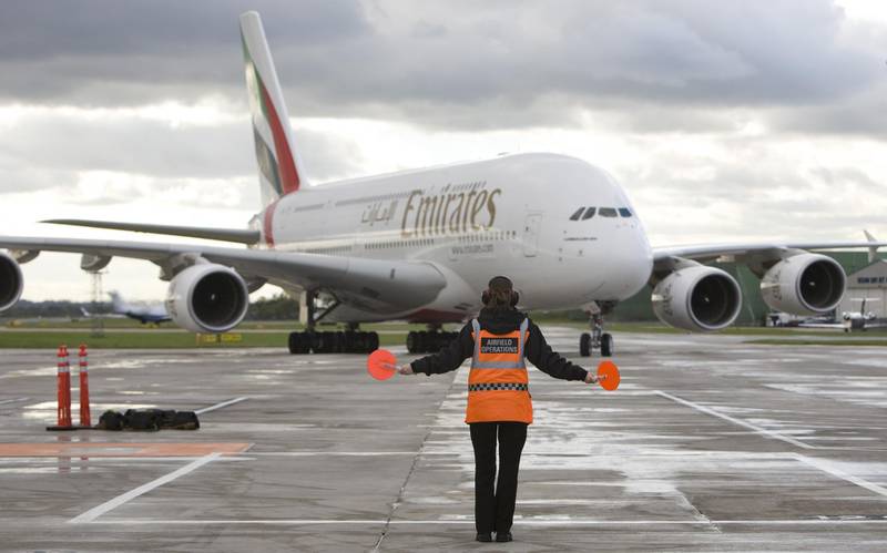 An Emirates Airline Airbus A380 arrives at Manchester airport in northern England. Bloomberg