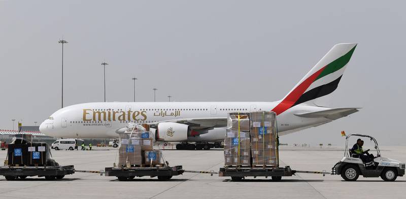 Tonnes of medical equipment and coronavirus testing kits provided by the World Health Organisation are pictured at the Al Maktoum International airport in Dubai as it is prepared to be delivered to Iran by a UAE plane.  AFP