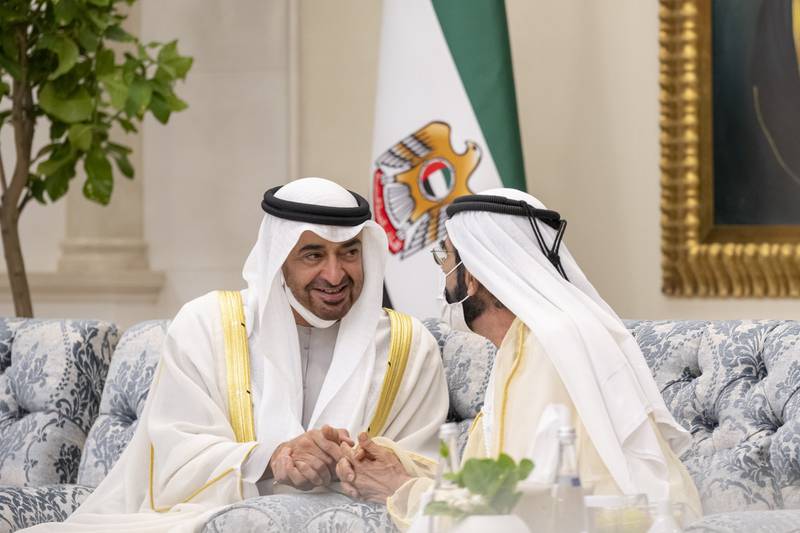 President Sheikh Mohammed with Sheikh Mohammed bin Rashid, Vice President and Ruler of Dubai, at Al Mushrif Palace.