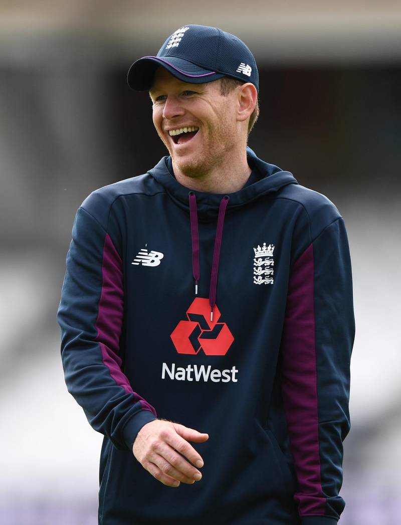 England captain Eoin Morgan shares a joke during nets ahead of the opening match. Stu Forster / Getty Images