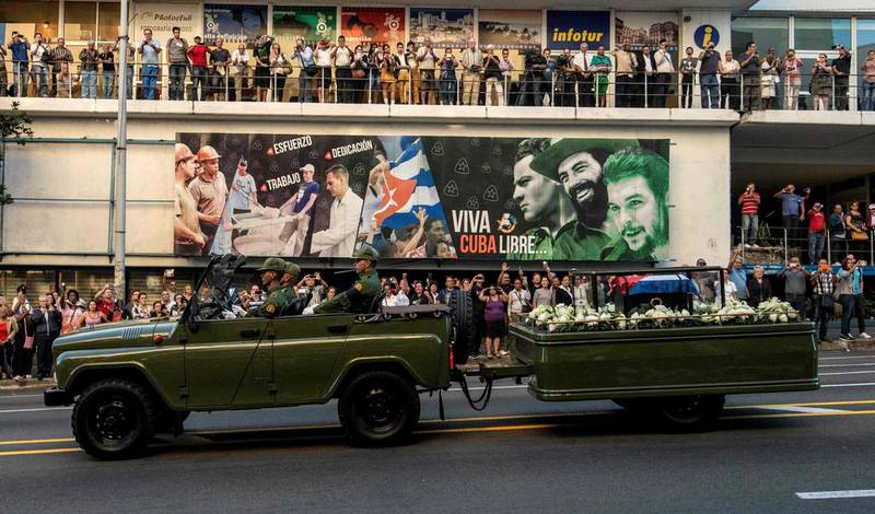 The urn with the ashes of former Cuban leader Fidel Castro is seen in Havana as it begins a four-day journey across Cuba on November 30, 2016.  The "caravan of freedom" will make symbolic stops along the 950-kilometer trek that will end in the eastern city of Santiago de Cuba on the weekend. Juan Barreto / AFP 