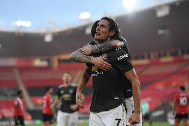 Edinson Cavani of Manchester United celebrates after scoring the equaliser against Southampton. EPA