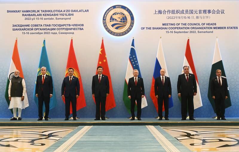 Leaders of the Shanghai Co-operation Organisation's eight member states pictured at a summit in Samarkand, Uzbekistan in September. SCO members work together to develop their counter-terrorism capabilities. EPA