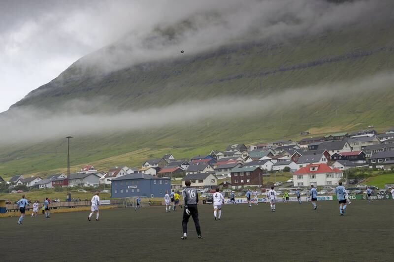 Football match at Nordragota, Eysturoy, Faroe Islands (Faroes), Denmark, Europe