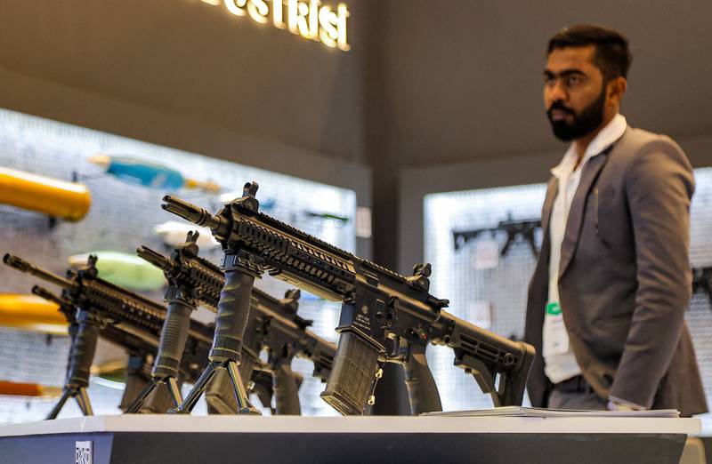 MPT-55K assault rifles on display at the booth of Turkey's Mechanical and Chemical Industry Corporation at the Doha International Maritime Defence Exhibition in the Qatari capital.