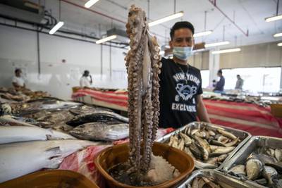 DUBAI, UNITED ARAB EMIRATES. 19 AUGUST 2020.  STANDALONE. Jumeirah Fish Market during the time of COVID-19 measures. Jasson Ramelo (Phil) takes care of his stall in the quiet fish market. “It’s been very slow, but we do see some of the regular customers still coming in.” (Photo: Antonie Robertson/The National) Journalist: STANDALONE Section: National.