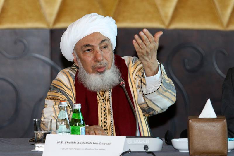 ABU DHABI, UAE. December 13, 2014 - Sheikh Abdullah bin Bayyah, the head of a forum promoting peace in Muslim societies, speaks during the Religions for Peace conference at the St. Regis Corniche Hotel in Abu Dhabi, December 13, 2014. (Photos by: Sarah Dea/The National, Story by: Roberta Pennington, News)