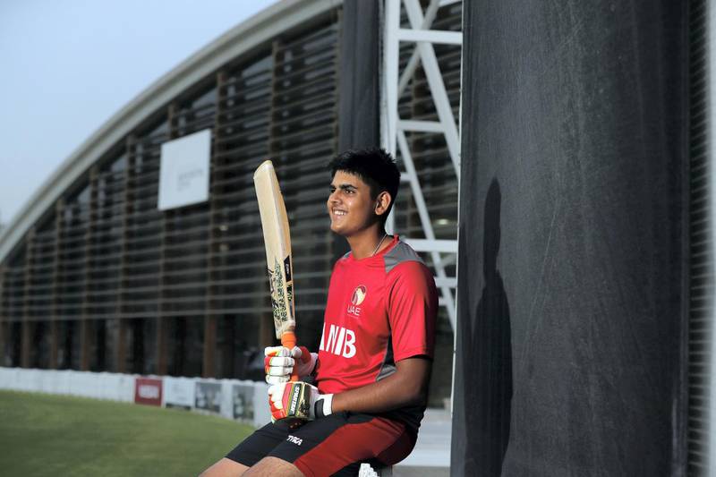 Dubai, United Arab Emirates - April 22, 2019: Aryan Lakra, UAE's Under 19 team captain, after they qualified for the World Cup. Monday the 22nd of April 2019. Sports City, Dubai. Chris Whiteoak / The National